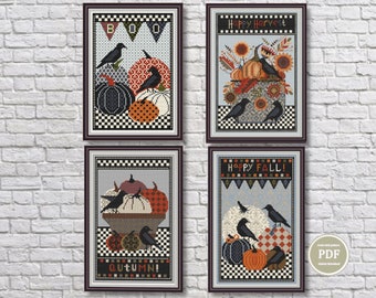Cross Stitch Set of 4 Pattern Autumn Harvest Sunflowers Pumpkins and Crow Happy Halloween PDF File Instant Download