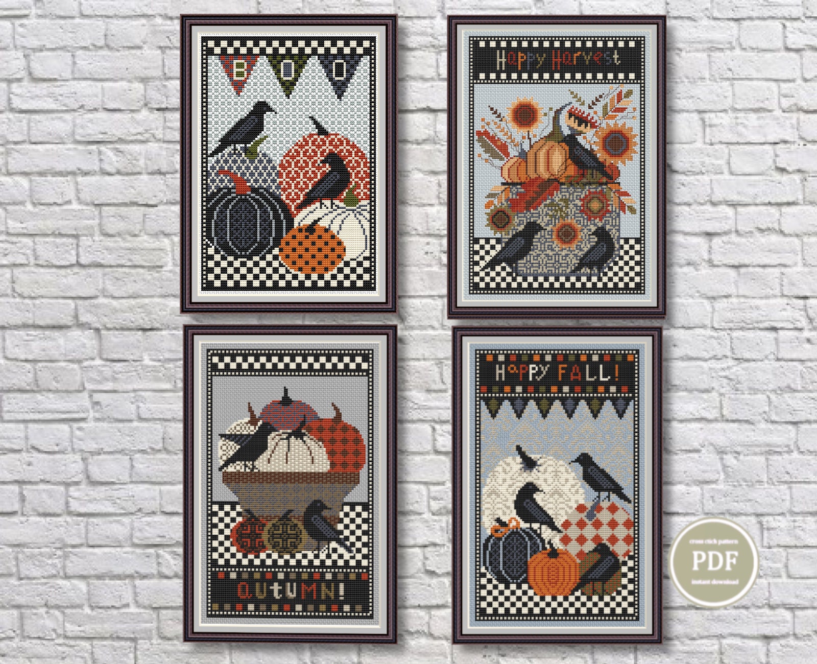 Cross Stitch Set of 4 Pattern Autumn Harvest Sunflowers Pumpkins and ...