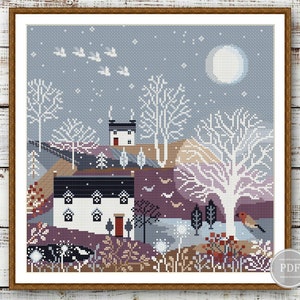 Cross Stitch Pattern PDF Winter Village, Scandinavian Primitive, Winter House, Digital PDF Instant Download