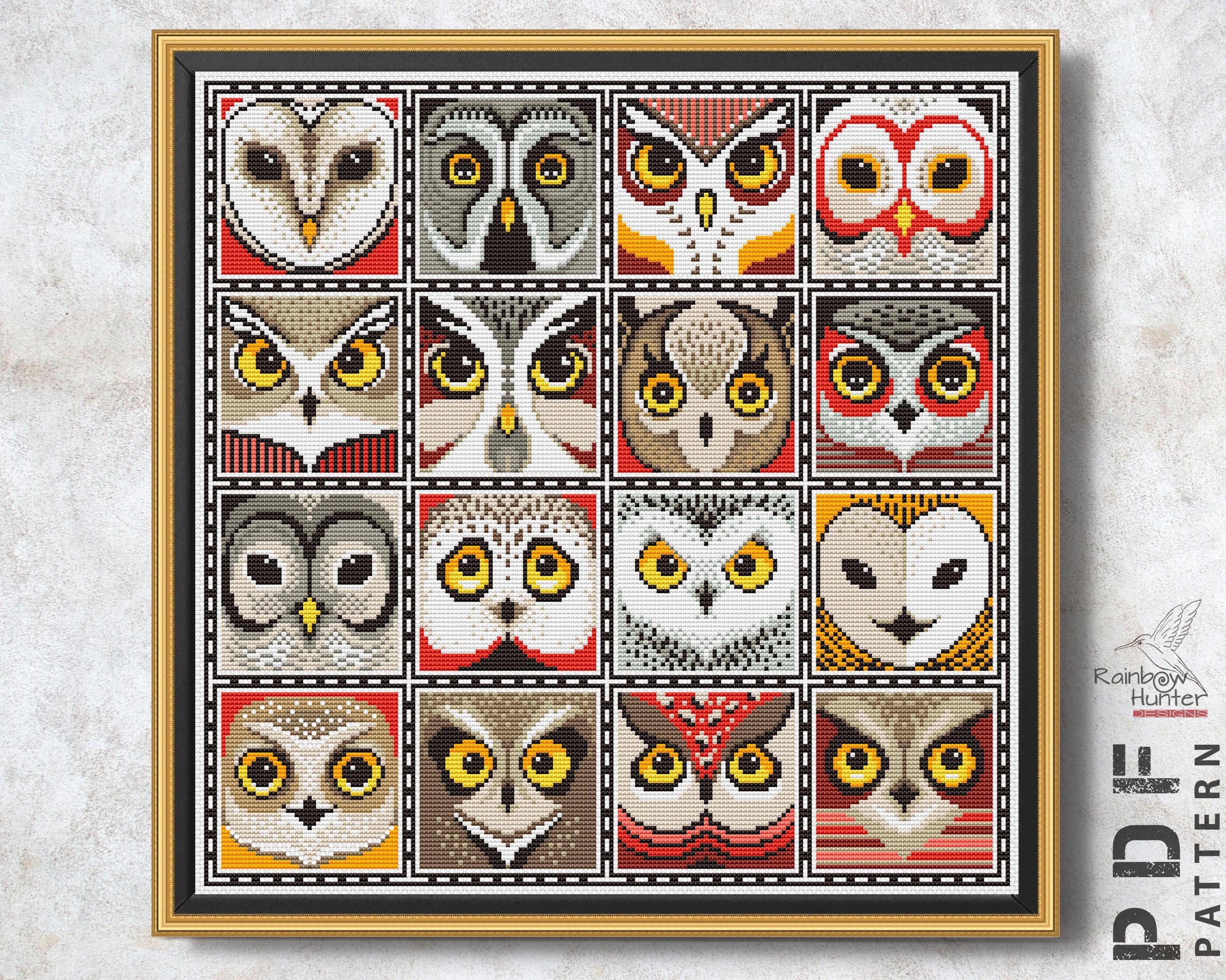 Owl Faces Patchwork Cross stitch sampler Squares owl xstitch Modern owl cross stitch chart Simple Embroidery Digital PDF File