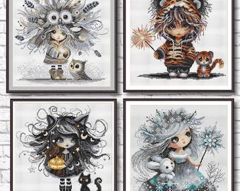 Paquete de patrones de punto de cruz en PDF, 4 niñas caprichosas con búho, tigre, gato negro y conejo, conjunto de arte mural para guardería y fiestas, descarga instantánea 573
