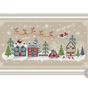 Merry Christmas Cross Stitch Pattern, Santa Claus over the Village, Santa with gifts Merry Christmas Sampler PDF File Instant Download 252