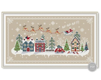 Santa Claus Cross Stitch Pattern PDF – Christmas Village Sampler with Sleigh and Gifts, Winter Scene Embroidery Design, Instant Download 252