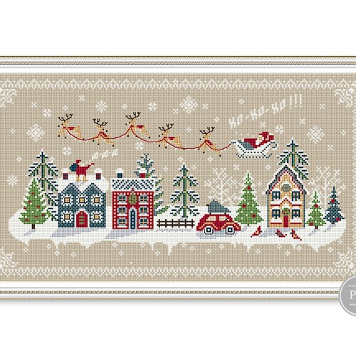 Weihnachtsmann Kreuzstich Stickmuster PDF - Weihnachtsdorf Sampler mit Schlitten und Geschenken, Winterlandschaft Stickmuster, Instant Download 252