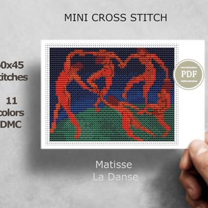 May include: A cross stitch pattern of Henri Matisse's "La Danse" painting. The pattern is 60 stitches wide by 45 stitches high and uses 11 colors of DMC floss. The pattern is available as a PDF download.