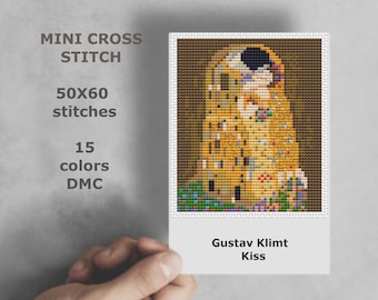 Mini cross stitch pattern Modern tiny art - Gustav Klimt - Kiss  - miniature painting cross stitch PDF pattern