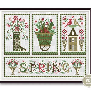 Pode incluir: Padrão de ponto cruz com tema de primavera. O design inclui uma bota, um carrinho de mão, uma casa de pássaros e a palavra "SPRING", todos cheios de flores. A paleta de cores consiste em verde, vermelho e branco, criando uma estética charmosa e rústica.