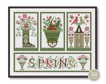 Amostra de padrão de ponto cruz para bordado de primavera com flores primitivas - PDF digital para download instantâneo # 169