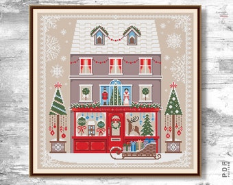 Merry Christmas cross stitch pattern Winter house cross stitch Christmas Market  Simple embroidery Primitive Counted cross stitch chart