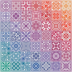 K&ouml;nnte beinhalten: Ein farbenfrohes Muster aus 64 verschiedenen geometrischen Designs in einem Raster. Die Designs bestehen aus kleinen Quadraten und sind in einem Regenbogenmuster angeordnet, beginnend mit Rot oben und endend mit Gr&uuml;n unten.
