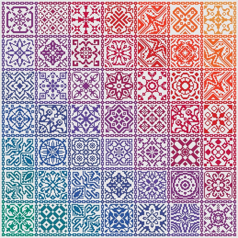 K&ouml;nnte beinhalten: Ein farbenfrohes Muster aus 64 verschiedenen geometrischen Designs in einem Raster. Die Designs bestehen aus kleinen Quadraten und sind in einem Regenbogenmuster angeordnet, beginnend mit Rot oben und endend mit Gr&uuml;n unten.