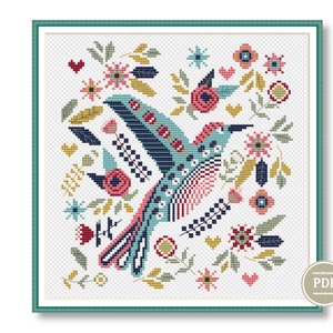 Scandinavian Bird Cross Stitch Pattern PDF - Primitive Nordic Sampler Embroidery Design for Home Decor, Instant Digital Download 174