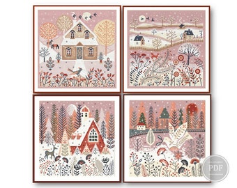 Cross Stitch Set 4 patterns, Winter, Fox, Deer Bird, Scandinavian, Winter Village Cross stitch, Winter House