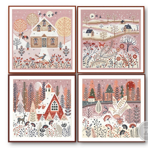 Cross Stitch Set 4 patterns, Winter, Fox, Deer Bird, Scandinavian, Winter Village Cross stitch, Winter House