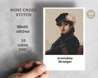 May include: Cross stitch pattern of a woman wearing a black hat with a white trim. The pattern is 50 stitches wide by 60 stitches tall and uses 16 colors. The pattern is titled "Kramskoy Stranger".
