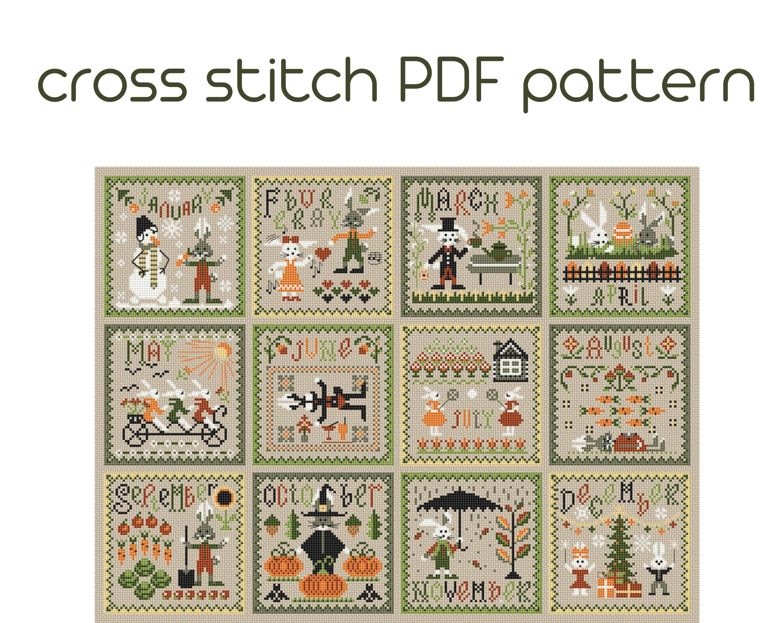 Cross Stitch Months Year Bunny Pattern PDF Primitive Modern Etsy UK