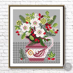 Cross Stitch Pattern Flower Vase #1 - Vintage Floral Arrangement, Instant PDF Download, Beautiful Bouquet, Counted Cross Stitch Design 356