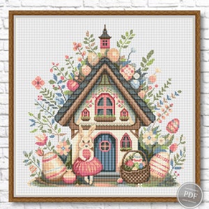 Easter Bunny House Cross Stitch Pattern PDF – Spring Cottage Embroidery Chart – Cute Eggs and Basket Sampler – Instant Download Design 441
