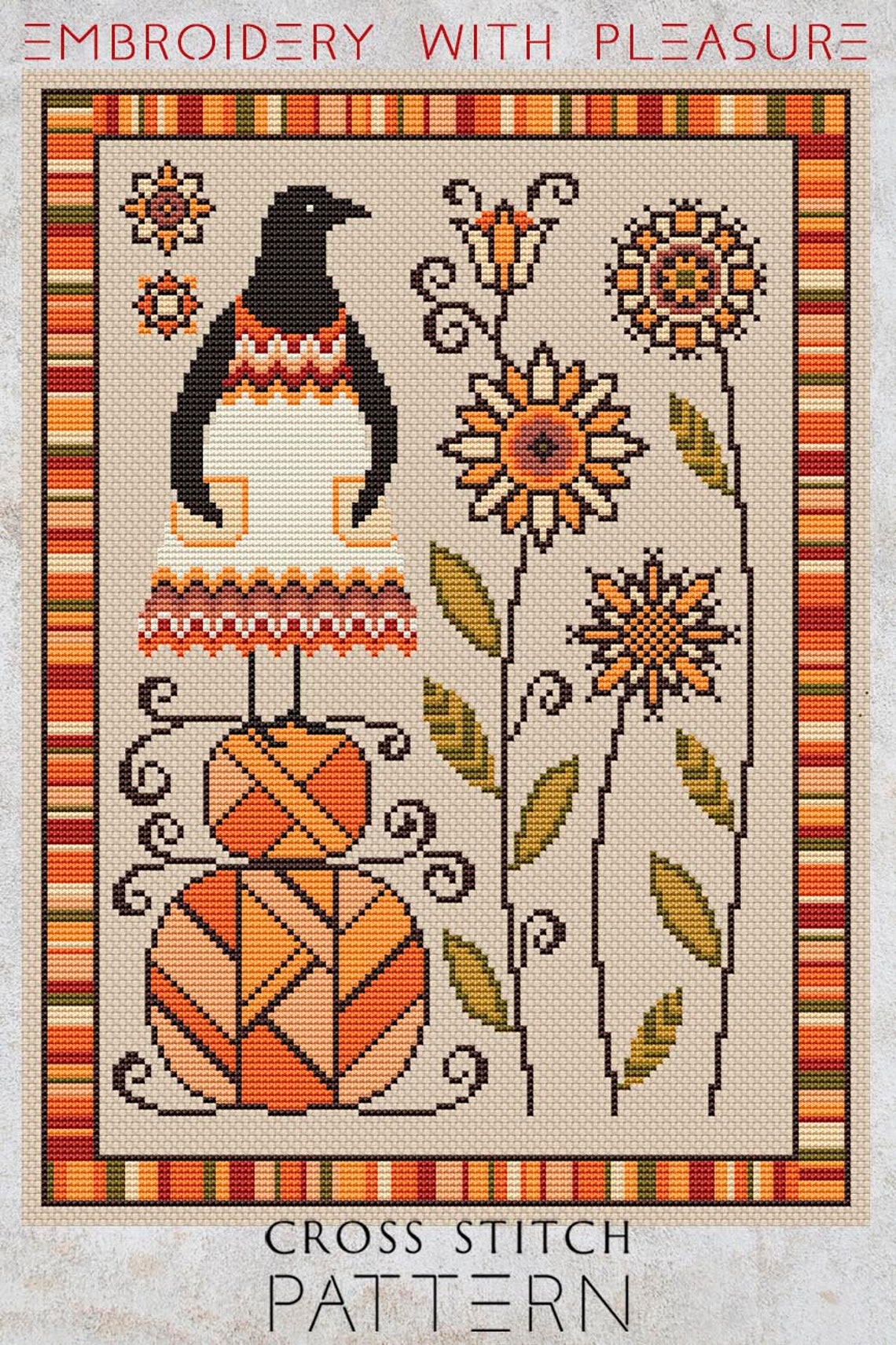 Cross Stitch Pattern PDF Crow Embroidery Design Autumn Harvest Pumpkins ...