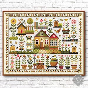 Schema punto croce Bee Farm. Floreale primitivo. Sampler per fattoria. Punto croce moderno. Casa estiva Download PDF digitale istantaneo
