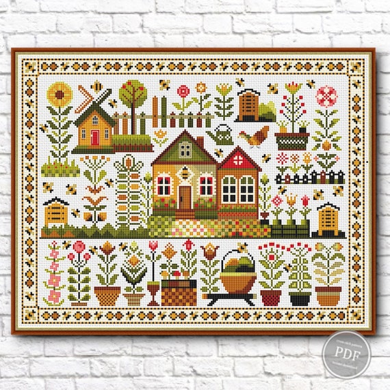 Preview of Cross Stitch Pattern Bee Farm. Floral primitive. Sampler For Farm House. Modern Cross Stitch. Summer House Instant Digital PDF Download by NARAxStitchPatterns