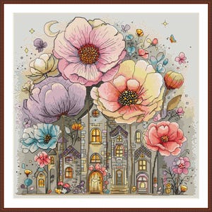Könnte beinhalten: Ein Kreuzstichmuster mit einer Ansammlung großer, bunter Blumen in Rosa-, Lila-, Gelb- und Blautönen, überlagert von einer detaillierten Illustration eines Steingebäudes mit mehreren Bogenfenstern, einer Mondsichel und kleinen Schmetterlingen.