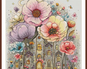Patrón de punto de cruz de casas caprichosas en PDF, gráfico de bordado de paisaje floral de verano, diseño de bordado de arte popular moderno, arte de pared estilo cottagecore