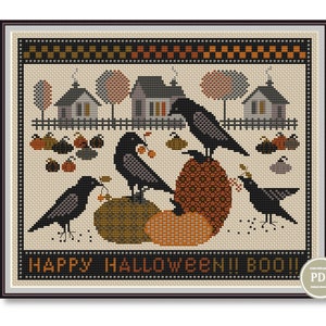 Halloween Cross Stitch Pattern Sampler Flock of Crows And Pumpkins. Scary Halloween Modern Pattern Pdf File
