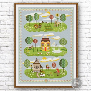 Schema punto croce Summer Village - Sampler Embroidery Design, Download digitale PDF immediato, Scena rustica di campagna, PatternKeeper PDF 351