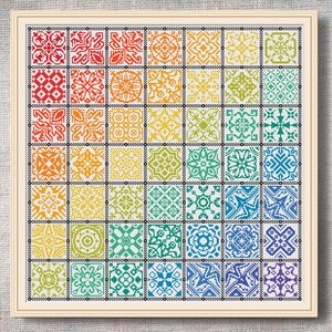 Może przedstawiać: Wz&oacute;r do haftu krzyżykowego przedstawiający tęczę kolorowych geometrycznych płytek. Wz&oacute;r jest oprawiony w białą ramę z czarną ramką.