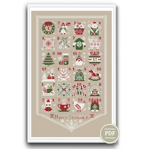 Christmas Advent Calendar Cross Stitch Pattern PDF – Holiday Sampler with Festive Motifs – Merry Christmas Embroidery, Instant Download 136