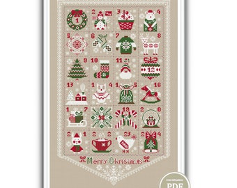 May include: A cross-stitch pattern for a Christmas advent calendar with 24 squares, each containing a different festive image. The pattern is framed in a white frame and has a beige background. The numbers 1 through 24 are included in the pattern, along with the text "Merry Christmas".