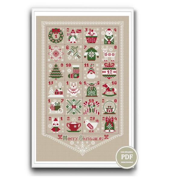 Preview of Christmas Advent Calendar Cross Stitch Pattern PDF – Holiday Sampler with Festive Motifs – Merry Christmas Embroidery, Instant Download 136 by NARAxStitchPatterns