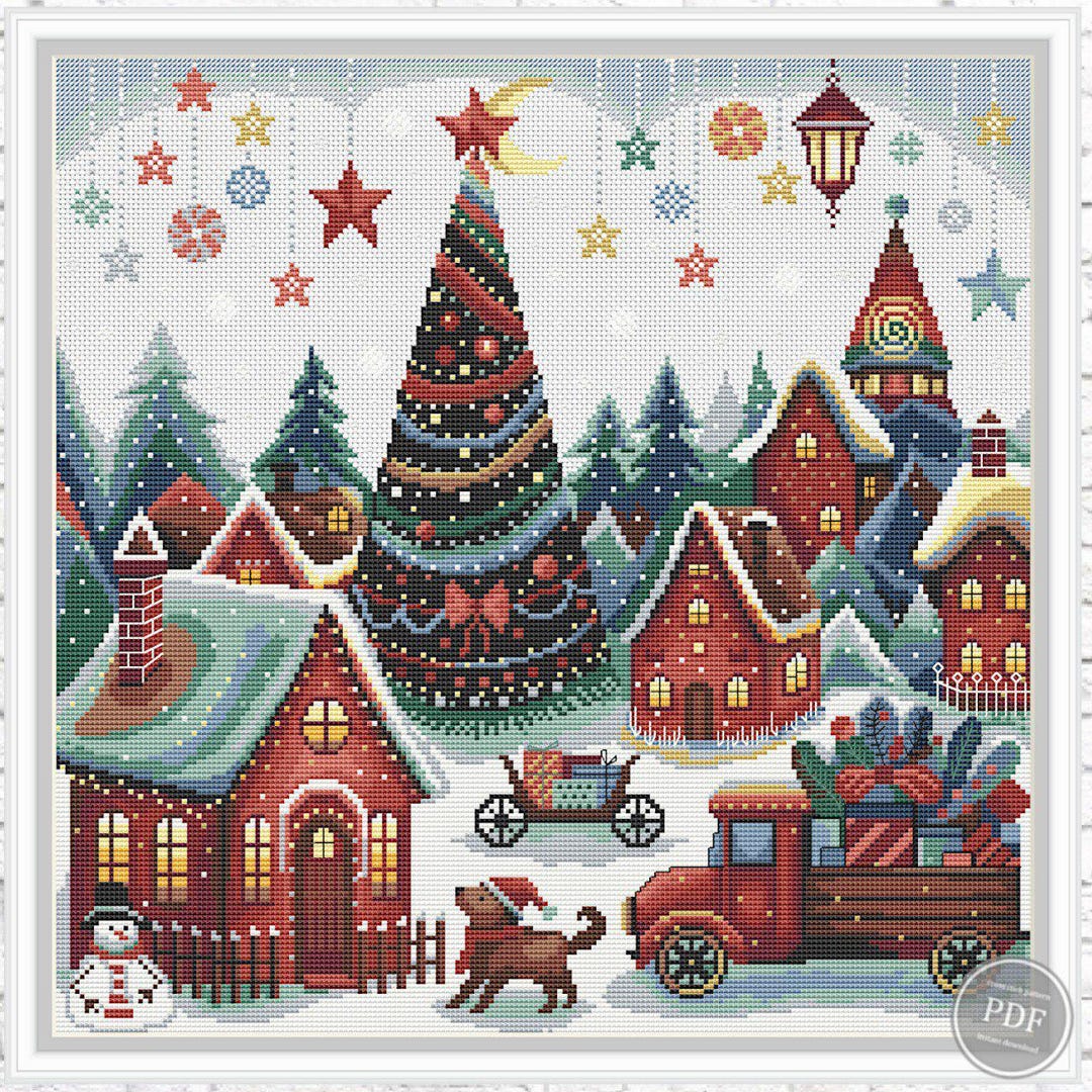最新作品　メリークリスマス　ツリーの編 メリークリスマスクロスステッチPDFパターン - 冬の村の刺繍、原始的な