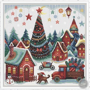 Merry Christmas Cross Stitch PDF Pattern – Winter Village Embroidery, Primitive Christmas Tree Design, Digital PDF Instant Download 504