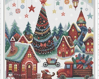 最新作品　メリークリスマス　ツリーの編 メリークリスマスクロスステッチPDFパターン - 冬の村の刺繍、原始的な