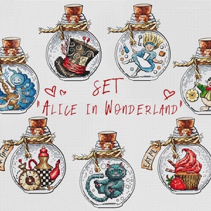 Alice in Wonderland cross stitch pattern set of 7, Bottle cross stitch, Digital PDF, Counted cross stitch chart