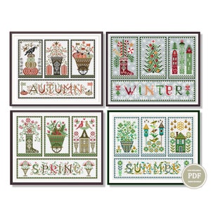 Cross Stitch Pattern Set 4 Seasons Triptych Spring Summer Autumn Winter Digital PDF Instant Download