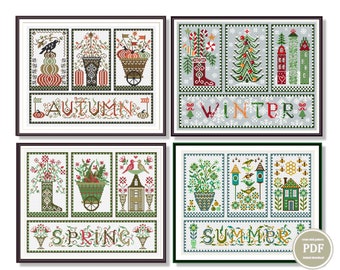 Kreuzstich Muster Set 4 Jahreszeiten Triptychon Frühling Sommer Herbst Winter Digital PDF Instant Download