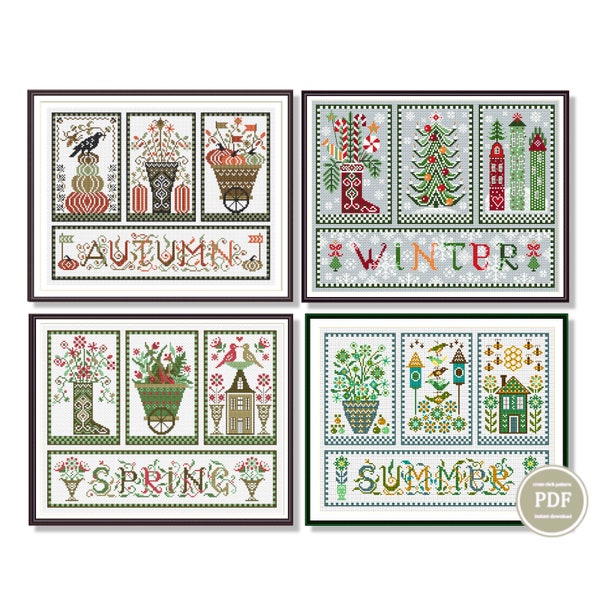 Ensemble de motifs de point de croix 4 saisons triptyque printemps été automne hiver PDF numérique Téléchargement instantané