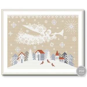Christmas Angel Cross Stitch Pattern PDF – Primitive Christmas Town, Winter Night Embroidery, Holiday Sampler, Instant Digital Download 247