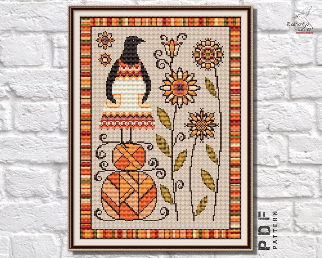 Autumn Sampler Cross Stitch Pattern PDF Crow Xstitch Pumpkin Primitive ...