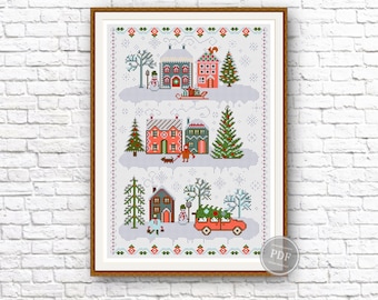 Christmas Cross Stitch Pattern PDF – Winter Village Sampler, Festive Embroidery Design, Holiday Decor, Instant Download, DIY Needlework 354