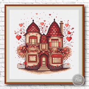Romantisch hart huis kruissteekpatroon pdf, Valentijnsdag borduurmonster, ontwerp Sweet Love Cottage, grafiek instant digitale download