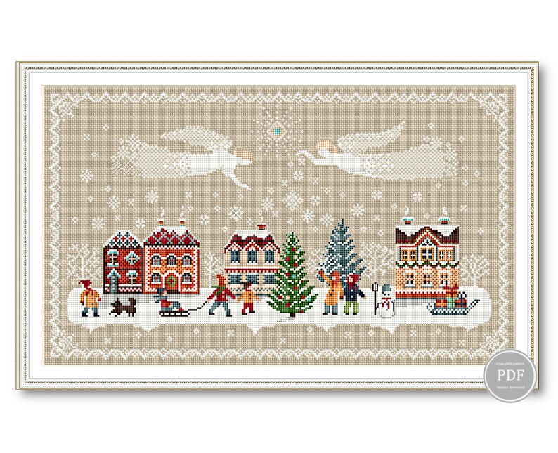 Merry Christmas Cross Stitch Pattern, Sampler Christmas Angels, Merry Christmas Houses Primitive Pattern PDF Digital File 251 image 4