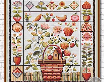 Padrão de Ponto Cruz de Flores. Amostra de Flores em Estilo Popular nº 1. Ponto Cruz em Estilo Popular. Floral Primitivo. Download instantâneo em PDF - Amostra 532