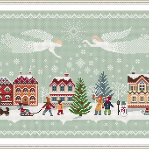 Merry Christmas Cross Stitch Pattern, Sampler Christmas Angels, Merry Christmas Houses Primitive Pattern PDF Digital File 251 image 3