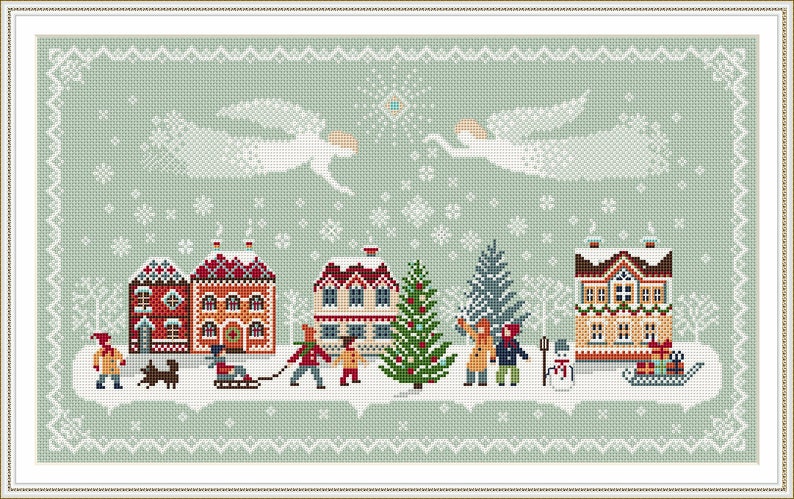 Merry Christmas Cross Stitch Pattern, Sampler Christmas Angels, Merry Christmas Houses Primitive Pattern PDF Digital File 251 image 3