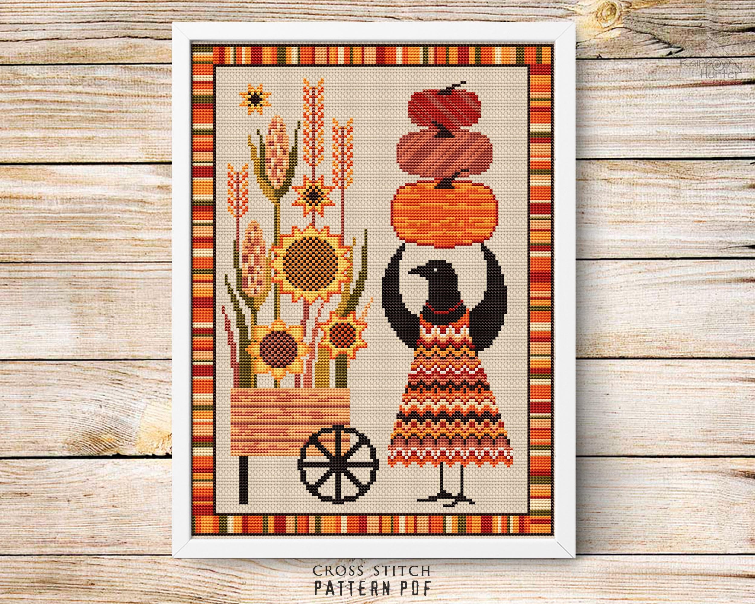 Cross Stitch Pattern PDF Crow Embroidery Design Autumn Harvest Pumpkins ...