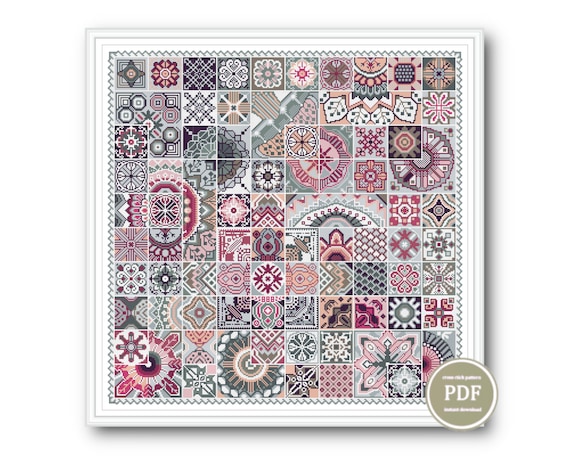 Preview of Cross Stitch Pattern Sampler Ornament Squares Tile Quaker Pattern PDF Digital File by NARAxStitchPatterns